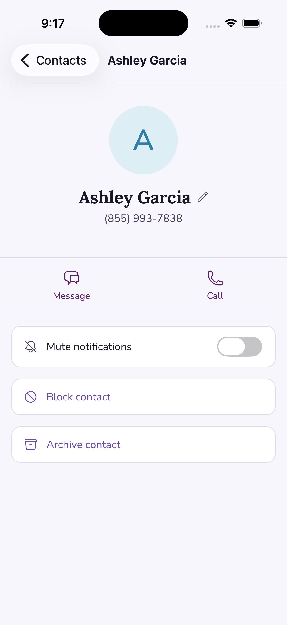 A contact card showing controls for messaging, calling, muting, and blocking.