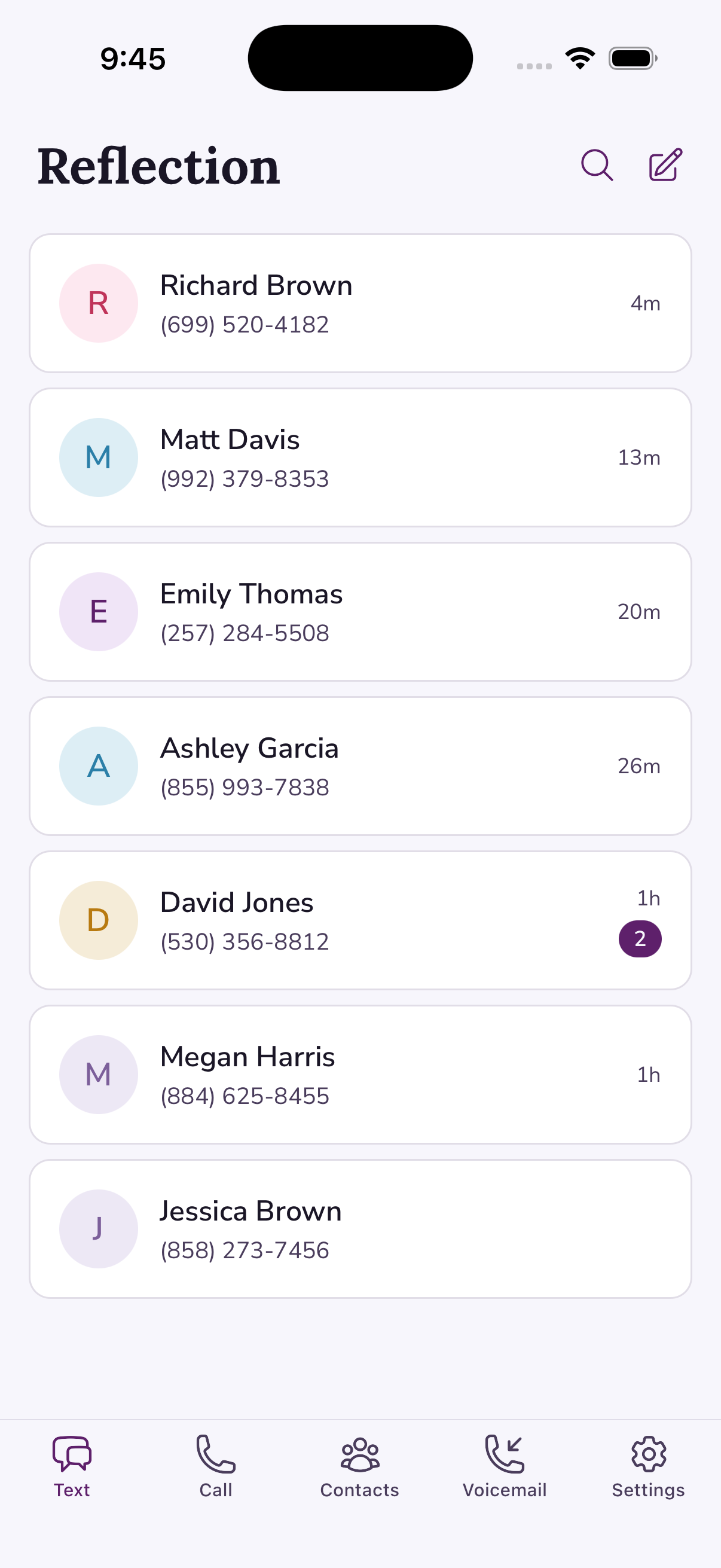 A list of conversations within Reflection Messenger