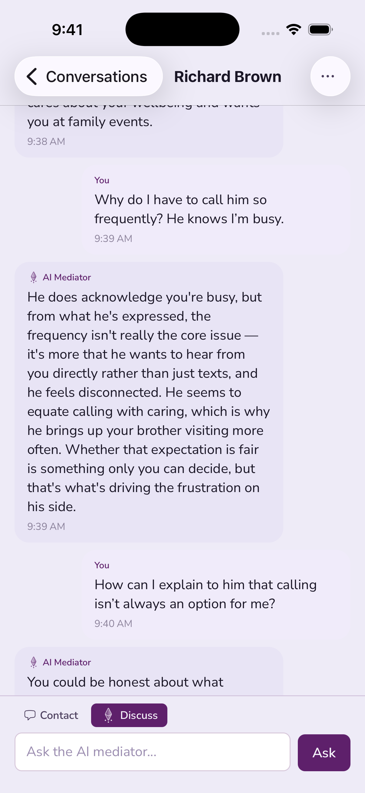 A conversation with Reflection about the text conversation, and ways to respond.