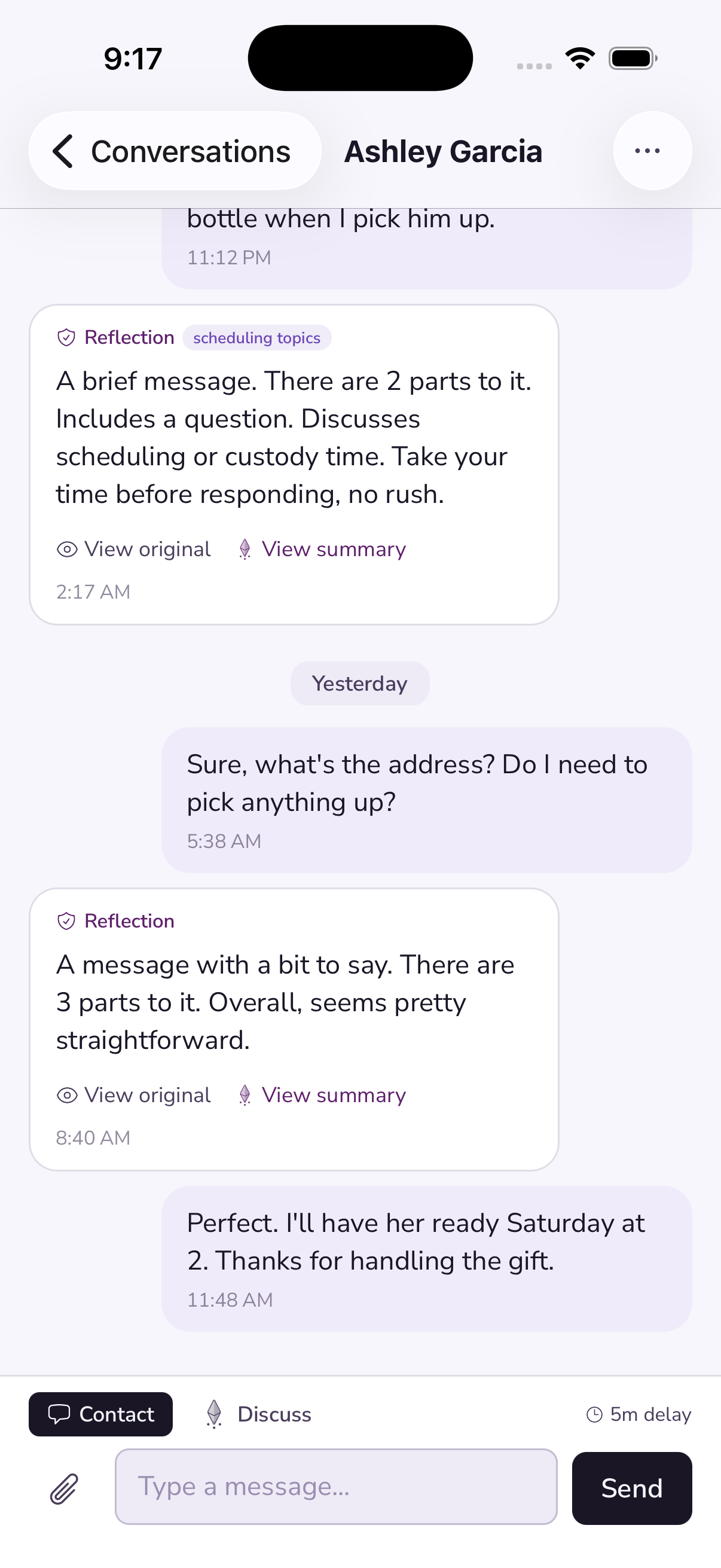 A conversation thread, where the messages received are summarized and analyzed for tone, topics, and intent.